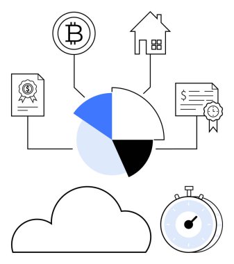 Birkaç parçaya ayrılan turta şeması Bitcoin sembolü, ev, kurdeleli sertifikalar, durdurma saati ve bulut. Finansal planlama, kripto para birimleri, gayrimenkul yatırımları için ideal zaman