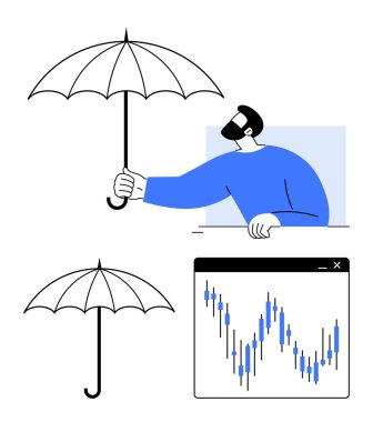 Businessman holding umbrella, stock market chart in digital frame, umbrella by itself. Ideal for finance, investment, insurance, risk management, protection security business strategy. Line clipart