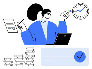 Zaman yönetimi ve belge onayı da dahil olmak üzere çeşitli görevleri yöneten iş kadını, dizüstü bilgisayardaki mali verileri analiz ediyor. Üretim, iş akışı, işletme yönetimi, finans ve zaman için ideal