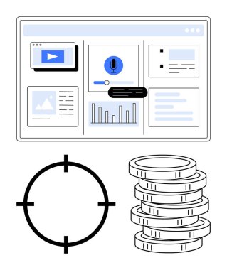 Video, ses, fotoğraf ve grafikleri gösteren çoklu ortam paneli. Hedef simge ve bozuk para yığınını içerir. İş analizi, mali hedefler, dijital pazarlama, veri izleme projesi için ideal