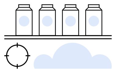 Rafta dört süt kutusu, bir hedef sembol ve bir bulut. İkmal zinciri, çevresel etki, perakende, süt endüstrisi, lojistik sürdürülebilirlik gıda üretimi için ideal. Satır metaforu