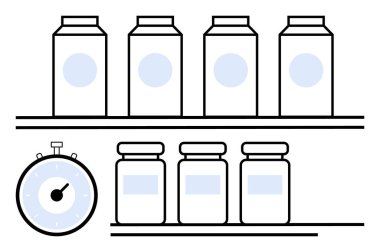 Şişeli ve kavanozlu raflar, saat. Organizasyon, zaman yönetimi, verimlilik, depolama, üretkenlik, minimalizm çizgisi metaforu için ideal