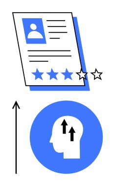 Yukarı doğru oklu siluet başlıklı yıldızlarla devam et. Kariyer büyümesi, yetenek geliştirme, kişisel gelişim, motivasyon, iş arama, performans değerlendirmesi, ilerleme için ideal. Çizgi