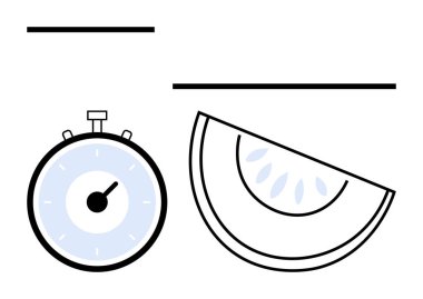 Stopwatch watermelon slice and lines symbolizing the contrast between time nature, simplicity, balance, minimalism, and harmony. Ideal for themes of efficiency, freshness, health, productivity clipart