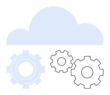 Bulutun altında birbirine kenetlenmiş üç vites. Bulut teknolojisi, veri senkronizasyonu, çevrimiçi depolama, sistem entegrasyonu, otomasyon, bilişim altyapısı, ağ işlemleri için ideal. Satır metaforu