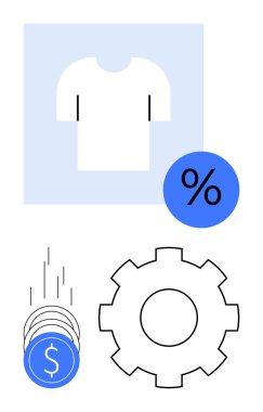 Gömlek ikonu, mavi yüzde sembolü dolar işaretli sikkeler ve ayarları temsil eden dişli takımlar. Çevrimiçi alışveriş, e-ticaret, indirimler, finans operasyonları perakende verimliliği için idealdir. Çizgi