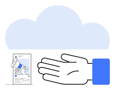 Mobil gösterimde megafon alarmı, uzanmış el ve bulut arkaplanı. Dijital pazarlama, bulut depolama, çevrimiçi reklam, mobil bildirimler, kampanya yönetimi, iletişim için ideal