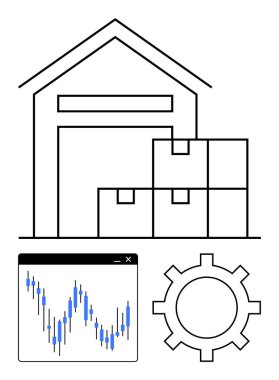 Depo binası, istiflenmiş kutular, şamdanlarla ticaret grafiği ve vites kutusu. Lojistik, depolama, ticaret, tedarik zinciri, iş operasyonları, envanter yönetimi için ideal