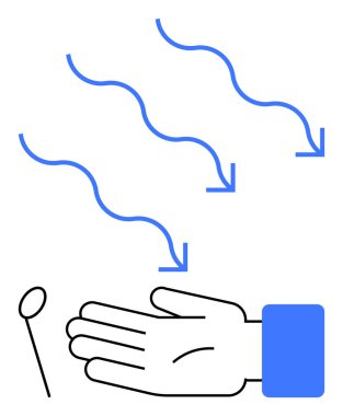 Aşağı inen mavi okların altında bulunan eller, bir kapatma düğmesiyle birlikte hava akımını gösteriyor. Hijyen, temizlik, sağlık, el kurutma, teknoloji, kamu tesisleri temizliği için idealdir. Çizgi