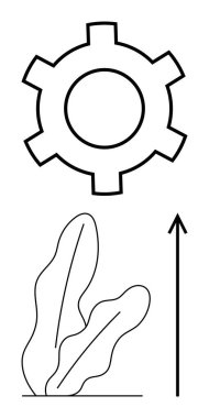 Yaprakların ve okun üstündeki dişliler büyüme, sürdürülebilirlik, yenilik, doğa, gelişim ve gelişimi gösteriyor. Çevre dostu, sürdürülebilir teknoloji ve iş ilerlemesi için ideal