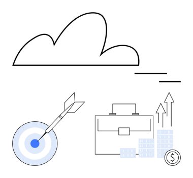Bulut çizgisi, ok, evrak çantası ve ok sembollü para desteleri. Ticari büyüme, bulut hesaplama, hedef belirleme, mali başarı, yatırım üretkenliği stratejik