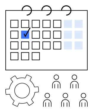 İşaretli dişli takvim ızgarası ve siyah ve mavi renkli bir grup insan. Zamanlama, organizasyon, planlama, proje yönetimi, verimlilik, takım çalışması, etkinlikler için ideal. Satır metaforu