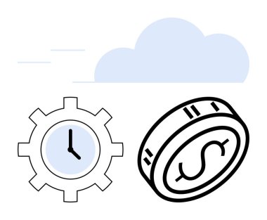 Saatli vites, dolar işaretli bozuk para ve bulut arkaplan. İş, finans, zaman yönetimi, verimlilik, üretkenlik teknolojisi bulut hesaplaması için idealdir. Satır metaforu