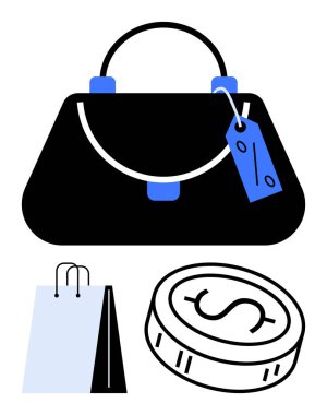 Satış etiketli şık bir çanta, bir alışveriş çantası ve tasarruf ve perakende zevkini simgeleyen bir para. Alışveriş, satış, moda, perakende terapi, indirimler, promosyonlar ve tüketim için ideal