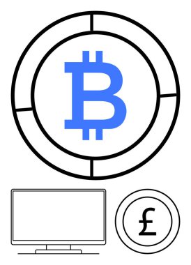 Büyük mavi Bitcoin sembolü çemberin içinde, bilgisayar monitörü ikonu, daha küçük Sterling sembolü daire içinde. Kripto para birimi temaları, finans piyasaları, fintech, dijital para birimi, çevrimiçi ticaret için ideal