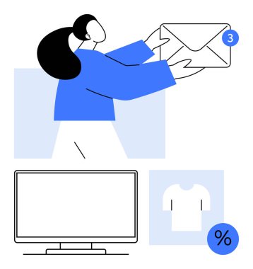 Yeni mesaj içeren büyük bir zarf tutan bir kadın. Bilgisayar monitörü ve yüzde işareti olan bir tişört ikonu. E- posta, bildirim, alışveriş, perakende, pazarlama, çevrimiçi işletmeler için ideal