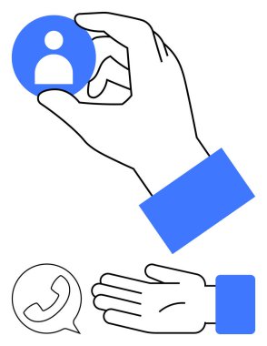 El ele temas ikonu, telefon sembolü ve açık avuç içi. İletişim, iletişim, destek, yardım, müşteri hizmetleri bağlantı kavramları için ideal. Satır metaforu