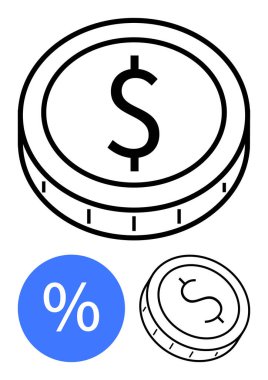 Dolar işaretli sikke, yüzde yüz sembollü mavi çember, ayakta duran ve düz bozuk para açılı. Finans, bankacılık, tasarruf, yatırım, kredi ticaret ekonomisi için idealdir. Satır metaforu