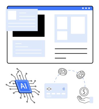 Yapay zeka çipi dijital ödeme sistemine bağlı para birimi illüstrasyonu ve web, v07 arayüzü ile. Fintech, AI entegrasyonu, çevrimiçi ödemeler, finansal teknoloji, dijital ticaret, teknoloji için ideal