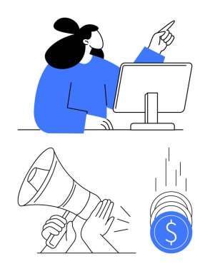 Kadın bilgisayar monitörünü işaret ediyor. Eller megafonu tutuyor. Dolar işaretli bozuk paralar. Pazarlama, iş stratejisi, reklam, mali planlama, iletişim, dijital