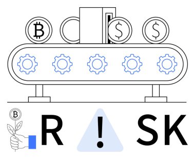 Bitcoin ve dolar sembollü mali taşıma bandı, risk uyarısı işareti. Finans, kripto para birimi, yatırım, ekonomi, risk yönetimi, otomasyon dijital işlemleri için ideal. Satır metaforu