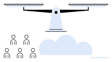Bulutların tepesindeki denge ölçeği ve eşitlik kararı alma, adalet, adalet, toplumsal denge ve tercihleri vurgulayan bir grup insan. Hukuk, iş, yönetim, toplum, eğitim için ideal