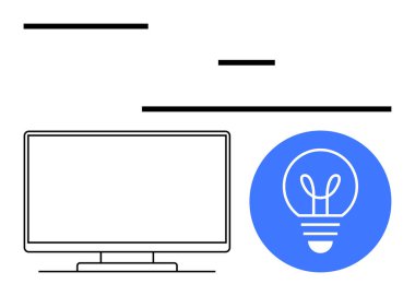 Bilgisayar, üzerinde yatay yazı çizgileri olan mavi dairedeki ampul sembolünün yanında bir bilgisayar monitörü. Yaratıcılık, yenilik, teknoloji, eğitim, fikir üretimi, çalışma ortamı, dijital