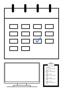 İşaretli bir tarih kutusu, panoda kontrol listesi ve bilgisayar monitörü olan bir takvim. Planlama, planlama, yapılacaklar listesi, verimlilik, ofis işi proje yönetimi hatırlatıcıları için ideal. Satır metaforu