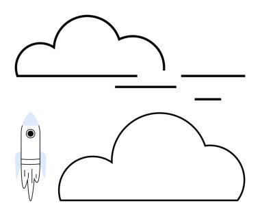 Rocket launching next to fluffy clouds and lines suggesting motion. Ideal for technology, space exploration, innovation, startup, creativity, ambition, and progress. Line metaphor clipart