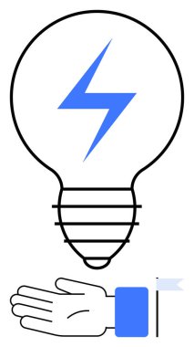 Mavi manşet ve küçük bayrak içeren açık bir elin üzerinde mavi bir yıldırım olan ampul. Yaratıcılık, yenilik, enerji, elektrik, güçlendirme, fikirler ve liderlik temaları için ideal