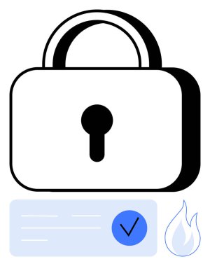 Anahtar deliğiyle güvenlik kilidi, işaretli mavi kimlik kartı ve alev sembolü. Siber güvenlik, veri koruması, gizlilik tedbirleri, güvenli erişim, güvenlik protokolleri, kimlik denetimi için ideal