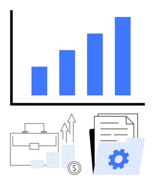 Büyümeyi, evrak çantasını, oklu bozuk paraları, bozuk paraları, belgeleri ve teçhizatı gösteren çubuk grafiği. Yatırım ve strateji planlama işleri ve büyüme veri analizi için idealdir. Çizgi