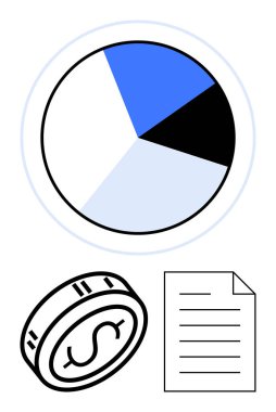 Bir dolar para ve dokümanların yanında siyah, mavi ve açık mavi üç parçalı turta grafiği. İş, finans, muhasebe, bütçe veri analizi yatırım raporlama için idealdir. Çizgi