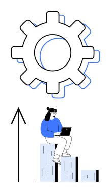 Dizüstü bilgisayarda çalışan bir kadın yukarı doğru ok ve başının üstünde büyük vites simgesi ile oturuyor. Üretim, büyüme, gelişme, ilerleme, iş başarısı, teknoloji, verimlilik için ideal