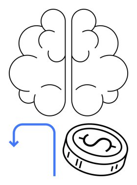 Beyin profili, aşağı doğru mavi oklu bir dolar bozukluğun yanında. Finans, yatırım, eğitim, akıl sağlığı, iş, karar verme, bilişsel araştırma için idealdir. Satır metaforu
