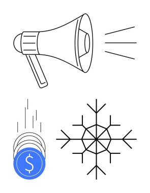 Megaphone emitting sound, coins falling with a dollar symbol, and a stylized snowflake. Ideal for marketing, economics, winter, communication, savings finance and holiday themes. Line metaphor clipart