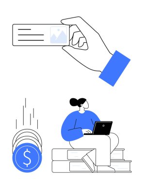 El ele tutuşan kimlik kartı, dizüstü bilgisayar kullanan, yığılmış kitapların üzerinde duran, dolar sembolü olan bozuk paralar. İş, eğitim, finans, kimlik, teknoloji, çevrimiçi yatırımlar için ideal