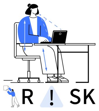 Masasında dizüstü bilgisayarında okla yazı yazan bir kadın, yanında RISK ve ünlem işareti var. İş güvenliği, ergonomik, ofis kurulumu, sağlık farkındalığı, duruş için ideal