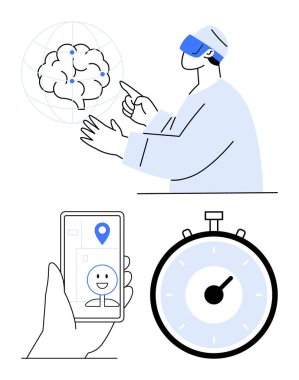 Man with AR headset interacting with digital brain hand holding smartphone with GPS and face detection stopwatch. Ideal for AR, AI, GPS, technology, innovation, time management, futurism. Line clipart