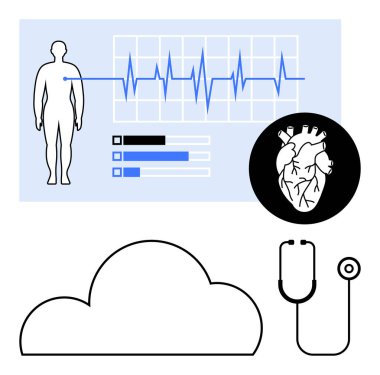 ECG çizelgesi ve kalp diyagramı olan insan silueti. Stetoskop ve bulut ikonu dijital sağlık temalarının altını çiziyor. Sağlık, teletıp, tanı, tıbbi uygulamalar, sağlık verileri için ideal