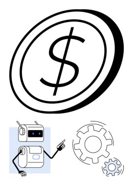 Büyük dolar işareti, geleceğin robotu, üç vites. Temalar finansal büyüme, teknoloji, otomasyon, robotik, yenilik, mühendislik, ekonomi hattı metaforu