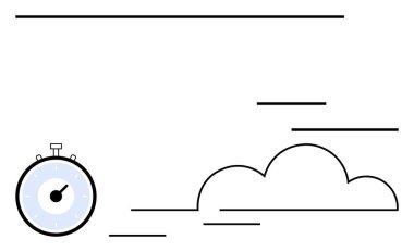 Stopwatch beside cloud with lines indicating movement and speed. Ideal for productivity, deadlines, efficiency, quick thinking, sports events, punctuality, project timing. Line metaphor clipart