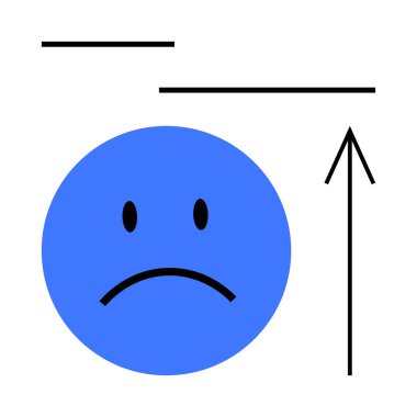 Mavi üzgün yüz ifadesi, basit gözler ve çatık kaşlar, yukarı doğru dik ok ve yatay çizgiler. Duygular, ruh halleri, geri bildirim, zihinsel sağlık farkındalığı, büyüme, iyileşme için ideal