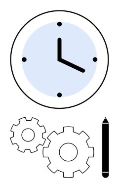 Clock displaying time, pencil symbolizing creativity, and gears denoting process optimization. Ideal for productivity tools, time management, creative planning, work efficiency, strategic clipart