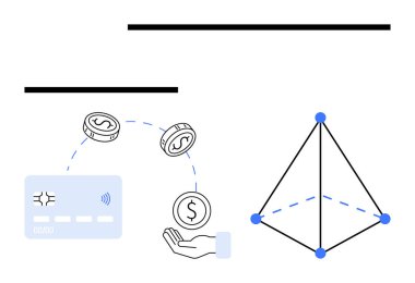 Kredi kartı, el yakalama paraları ve geometrik ağ yapısı. Dijital ödemeler, mali işlemler, çevrimiçi alışveriş, bankacılık hizmetleri, finans teknolojisi, kripto para birimi için ideal