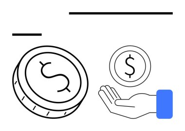 El ele tutuşan bozuk para ve daha büyük bozuk para, yüzen siyah-beyaz, bileğinde mavi aksanlı bir şema. Finans, tasarruf, yatırım, bankacılık, zenginlik, ekonomik büyüme, mali eğitim için ideal
