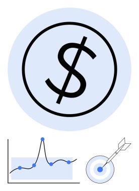 Dolar işareti, veri noktalarıyla çevrili çizgi grafiği ve oklu bir hedef. Finans, pazarlama, analitik, hedefler, başarı, strateji, veri için ideal. Satır metaforu
