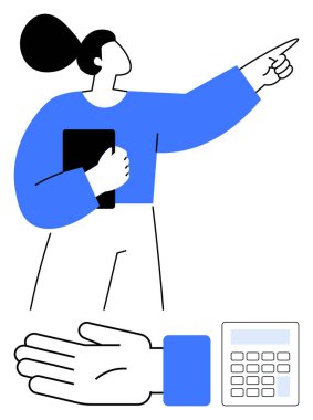 İş kadını elinde bir tablet tutarak ileriye bakıyor. Aşağıdaki el ve hesap makinesi sembolleri. Liderlik, rehberlik, ticaret, yenilik, karar verme finansmanı ve teknoloji teması için ideal. Çizgi