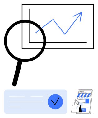 Magnifying glass focusing on a graph with an upward trend line, checkmark, and online store elements. Ideal for business analysis, financial growth, online shopping, e-commerce strategies, data clipart