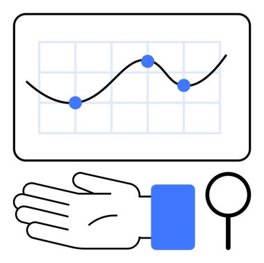 Çizgi çizelgesi ve mavi veri noktaları olan grafik, açık el, büyüteç. İş analizi, veri görselleştirme, strateji planlaması, karar verme, piyasa araştırma sunumları için idealdir. Satır metaforu